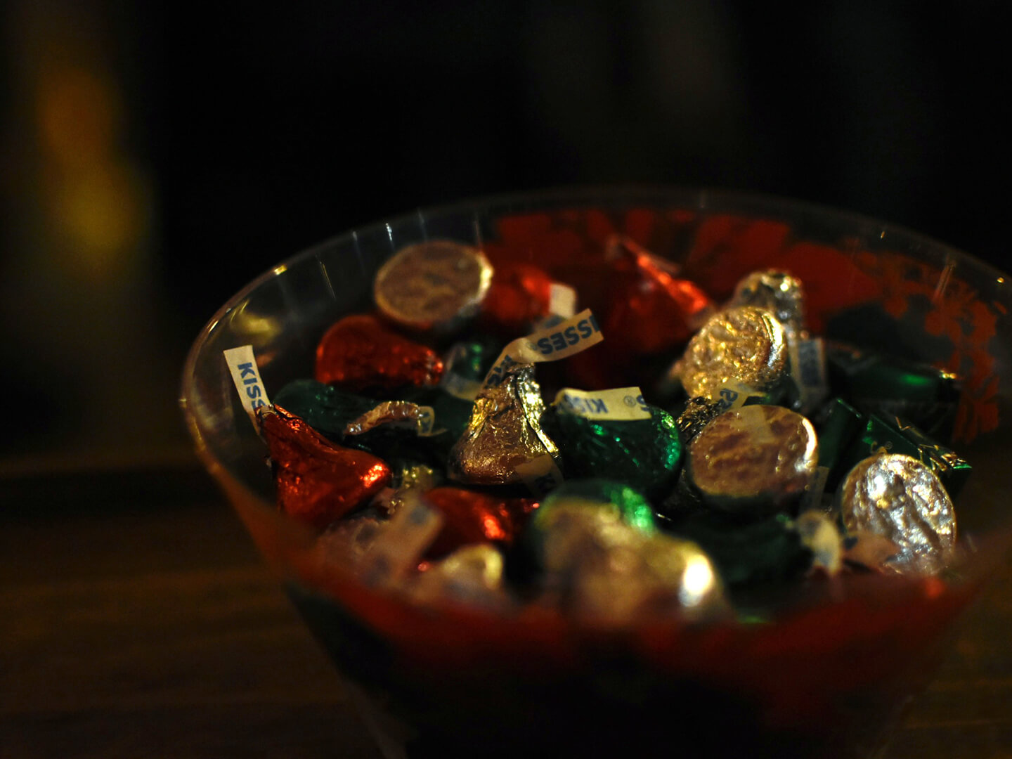 A bowl of Hershey Kisses in Christmas colors
