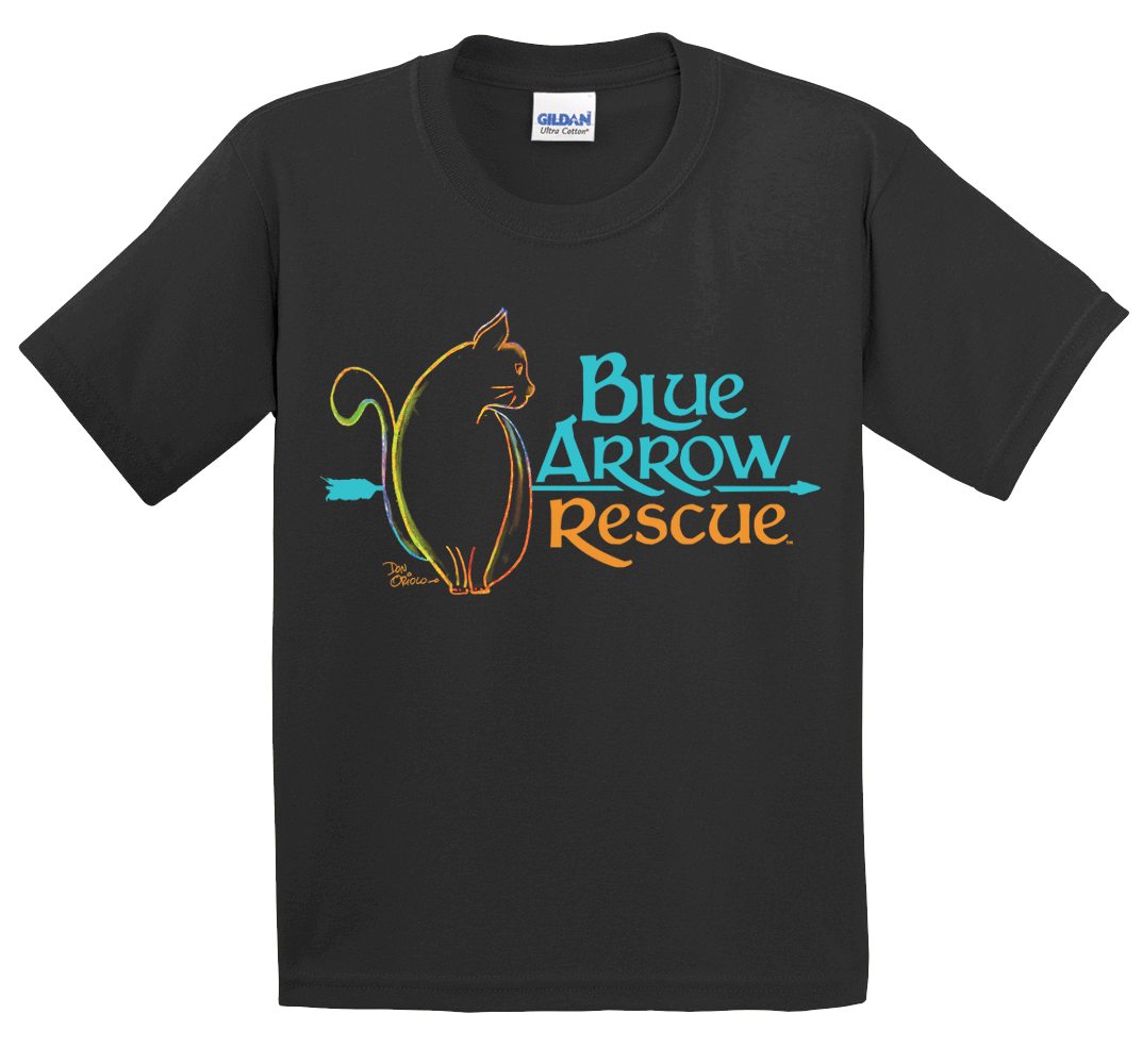 Black T-shirt with a painted cat, reading "Blue Arrow Rescue" in blue and orange