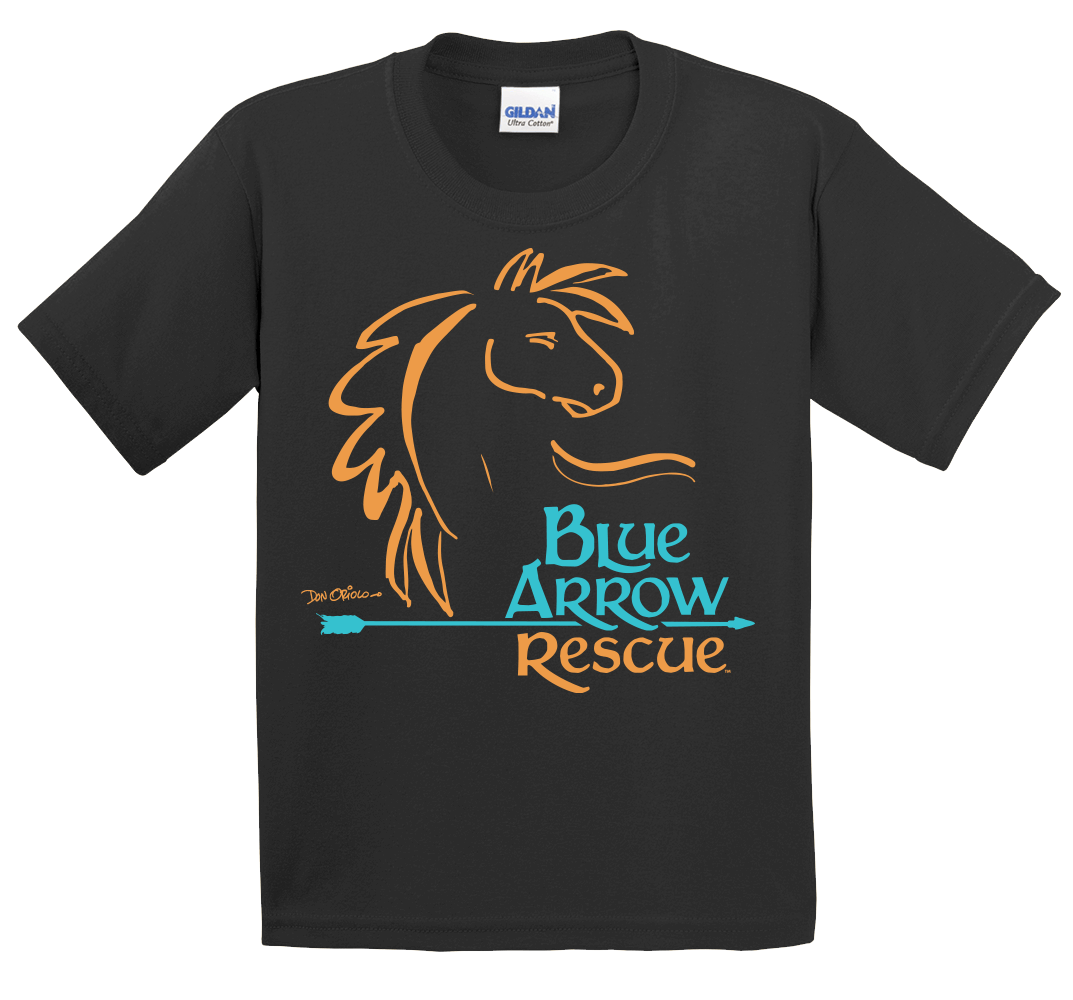 Black T-shirt with a painted horse, reading "Blue Arrow Rescue" in blue and orange