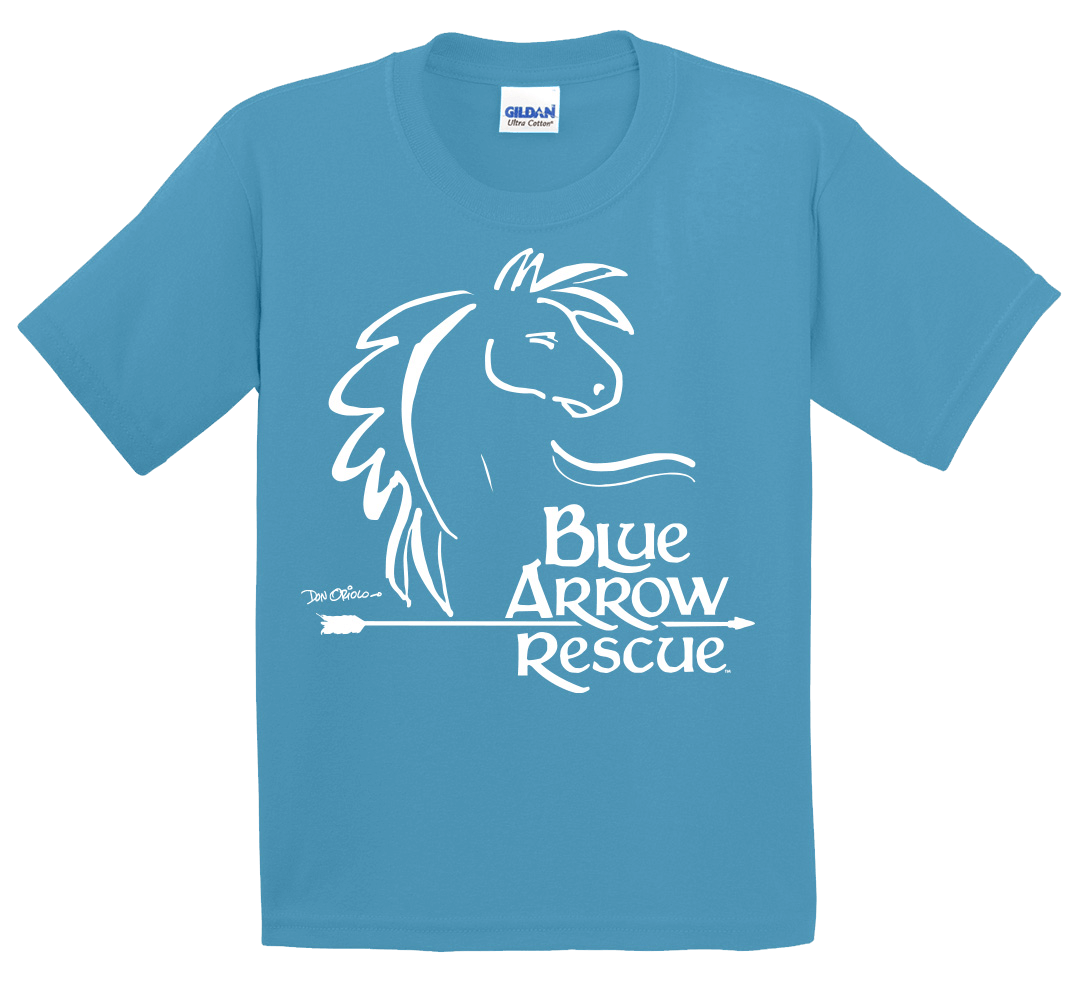 Light blue T-shirt with a painted horse, reading "Blue Arrow Rescue" in white